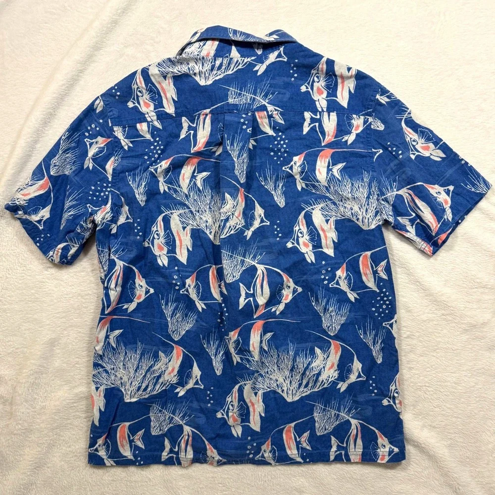 Croft & Barrow M Buttoned Shirt Blue Cotton Tropical Fish Hawaiian Beach Summer - Picture 2 of 6